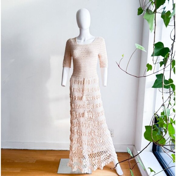 Vintage Crochet open Knit Ivory Cream Maxi Dress w Back Button Closure S - Picture 3 of 12